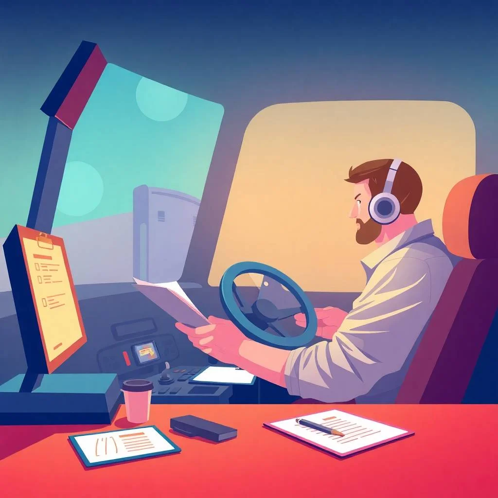 Flat-style illustration showing a truck driver at a desk reviewing compliance documents, symbolizing an FMCSA knowledge base for transportation companies.