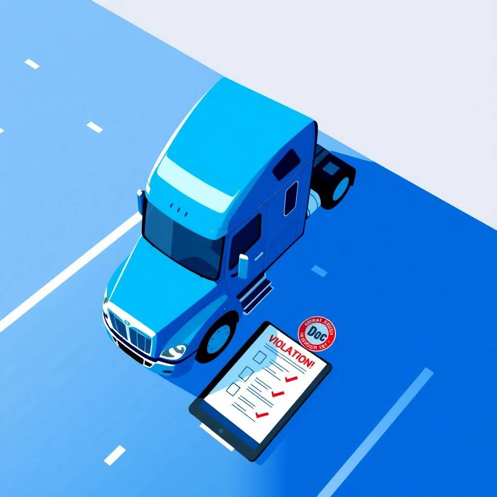 Flat vector illustration of a semi-truck, DOT badge, and DOT Violations 2025 checklist symbolizing trucking compliance and DOT regulation enforcement.