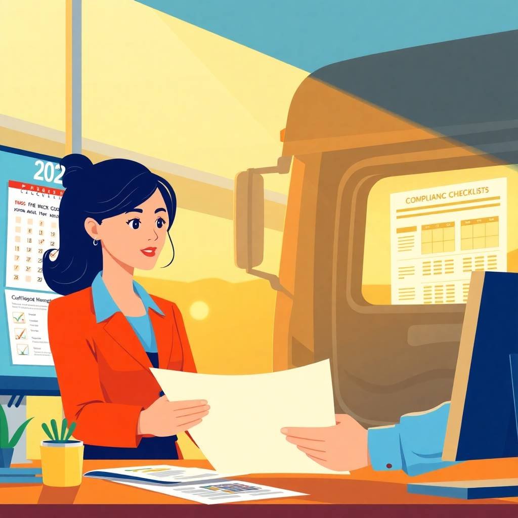 A businesswoman and a truck driver qualification file reviewing CDL compliance documents in a modern office, with a semi-truck and checklist visible through the window during golden hour