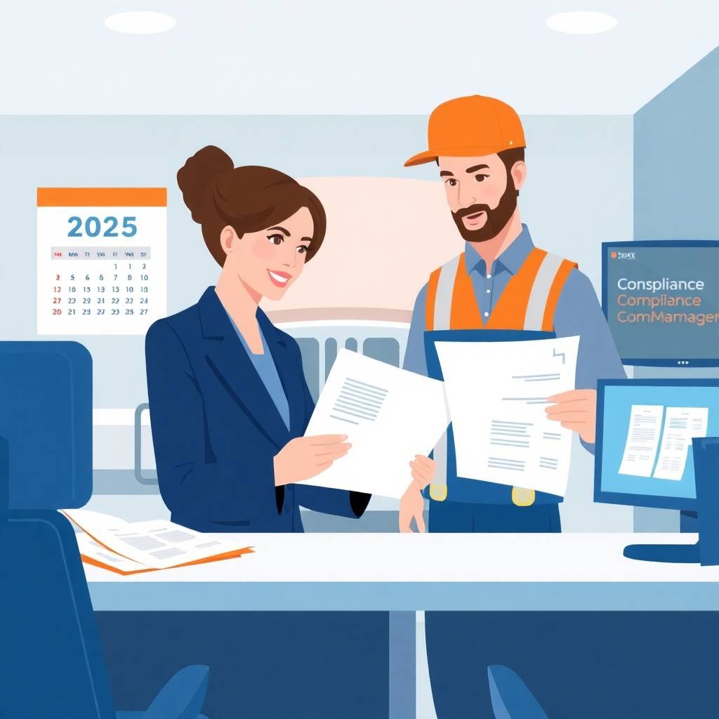 Businesswoman and truck driver reviewing CDL drug testing requirements 2025 documents in a modern trucking office with 2025 calendar and compliance software on screen