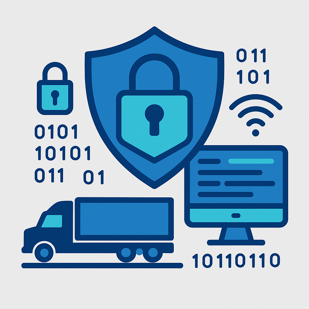 Illustration representing privacy policy for transportation compliance website with truck, lock, and computer icons