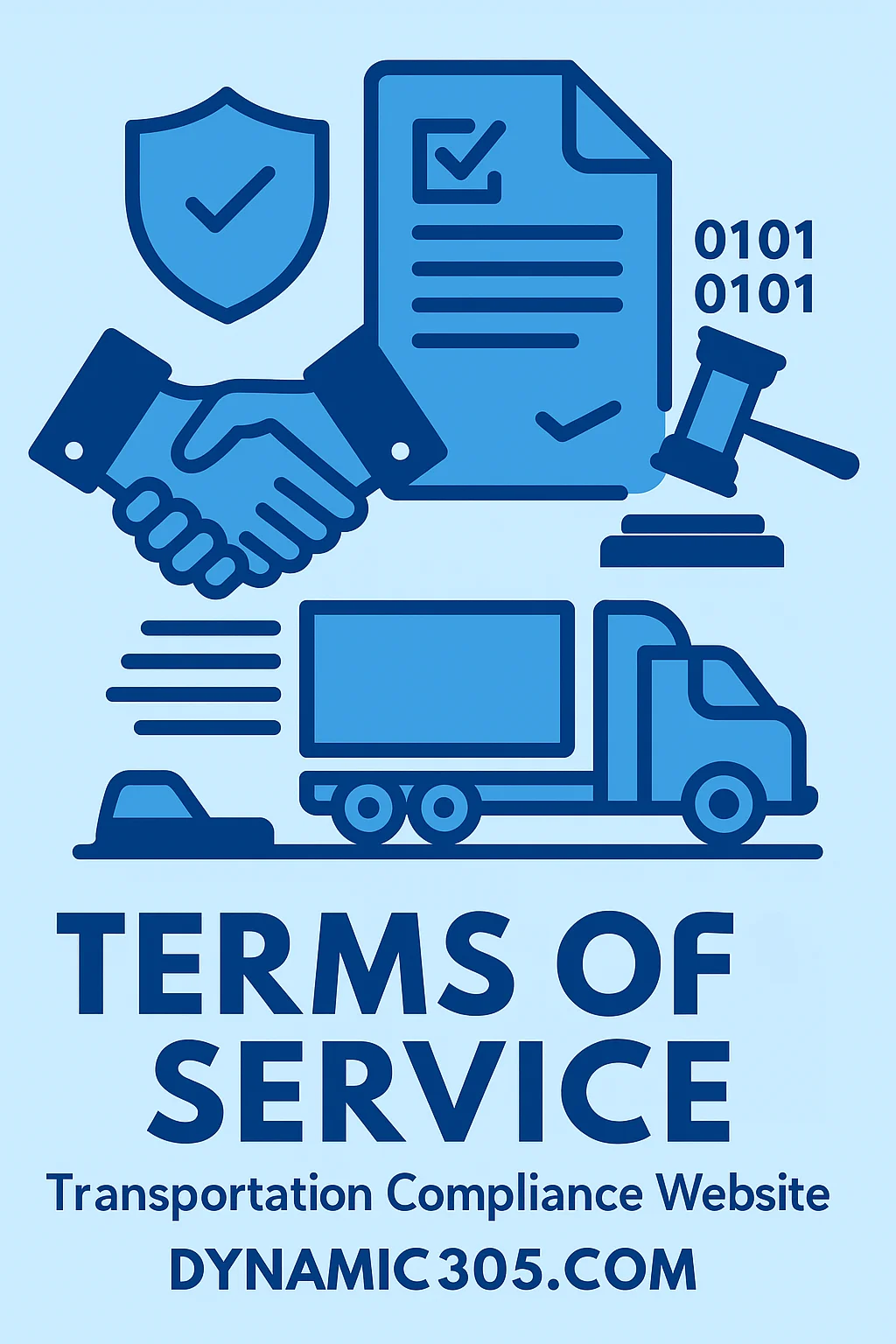 Flat vector illustration showing digital compliance, handshake, documents, and transportation trucks — symbolizing secure agreements in the logistics industry.