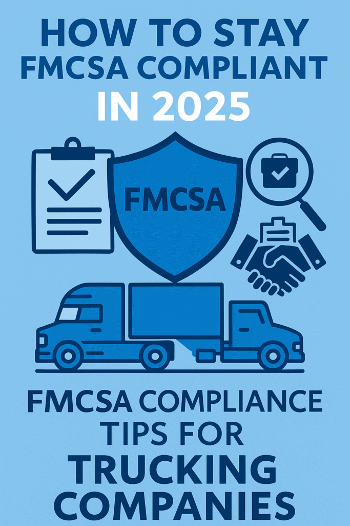 FMCSA compliance 2025 tips for trucking companies – flat vector illustration with checklists, trucks, and handshake icons