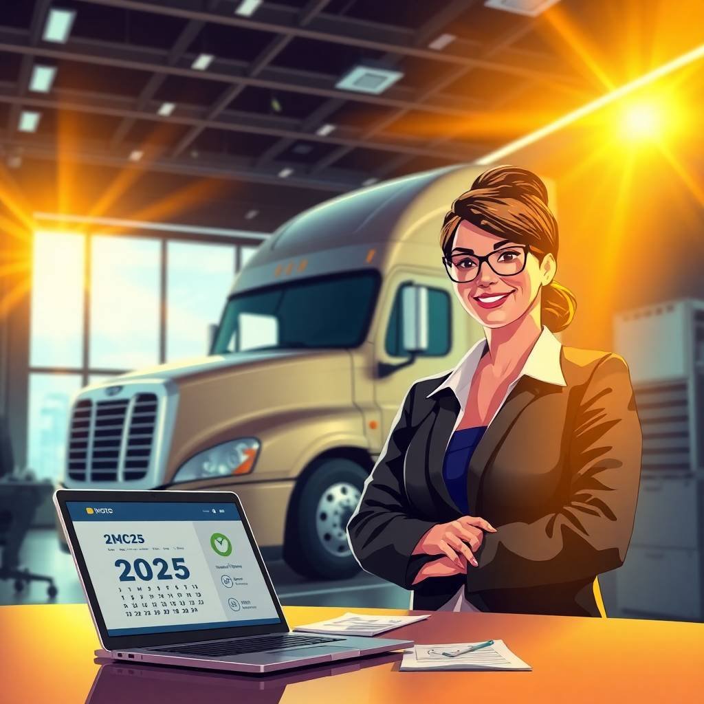 Businesswoman standing in front of semi-truck and laptop displaying 2025 calendar, representing successful Driver File Management