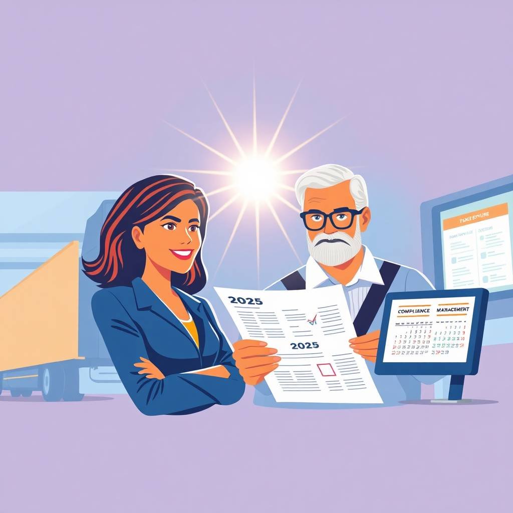 Businesswoman and truck driver reviewing compliance documents with 2025 calendars and FMCSA management screens in a modern trucking office. DOT Audit Failures