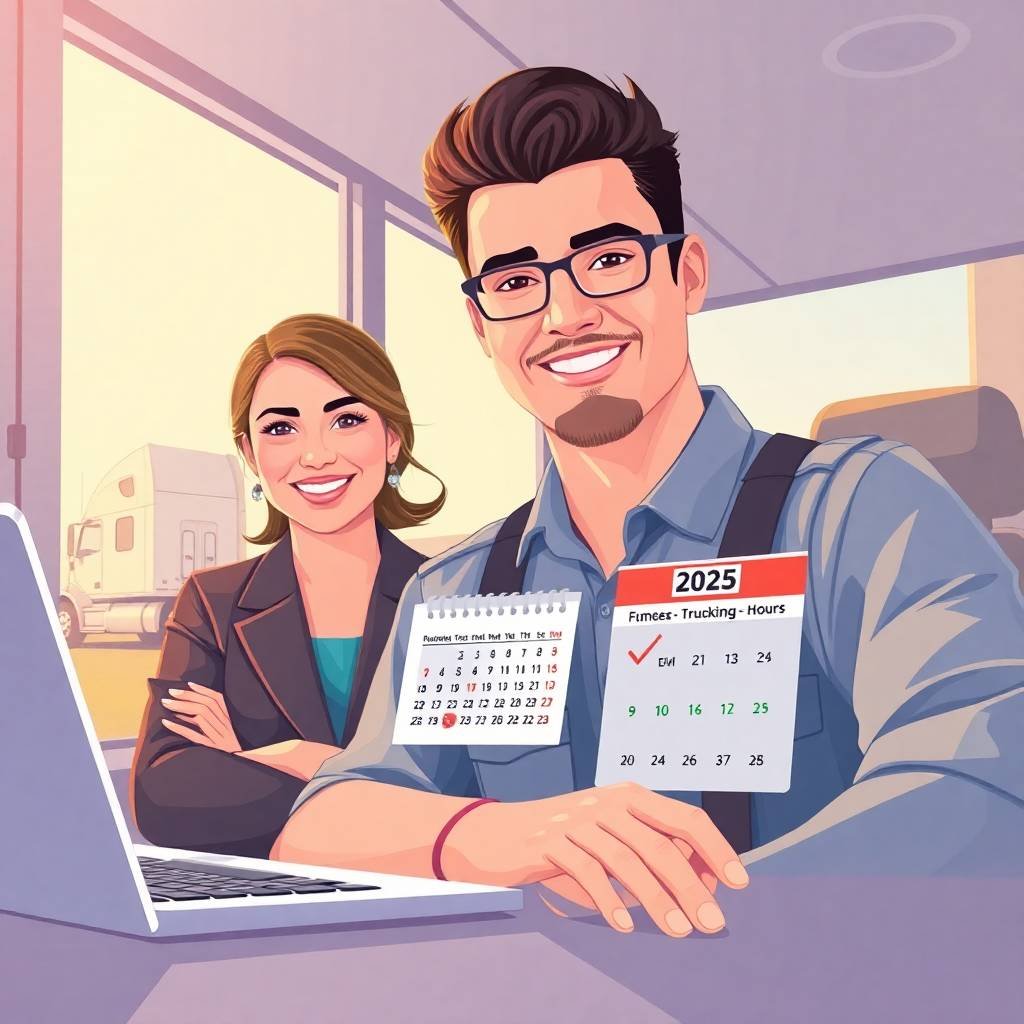 A smiling truck driver and businesswoman reviewing DOT documents to get a DOT number in 2025 in a modern office, with a 2025 calendar and a semi-truck outside the window
