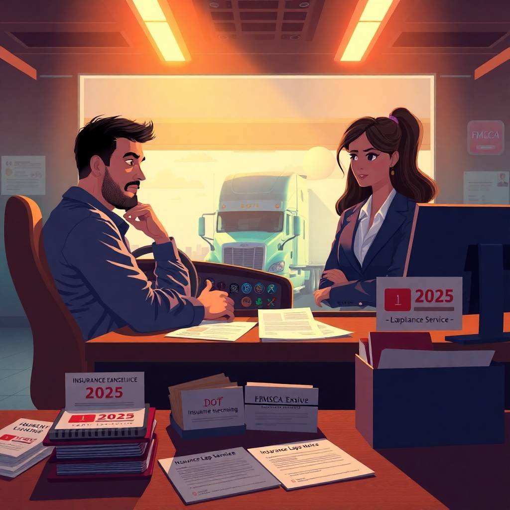 Worried truck driver reviewing transportation authority requirements with a compliance consultant in a modern office setting, surrounded by 2025 insurance and FMCSA paperwork