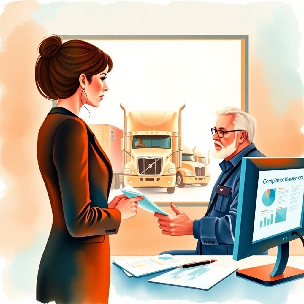 A confident businesswoman and experienced truck driver reviewing Driver Qualification File paperwork inside a compliance office, with semi-trucks visible through the window.
