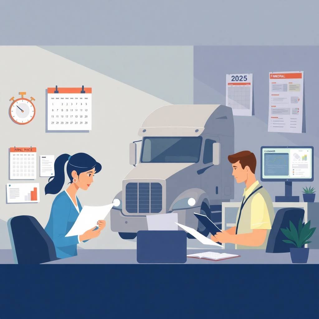 A woman and a truck driver reviewing drug and alcohol testing compliance documents in a modern trucking office with FMCSA forms and a semi-truck in the background.