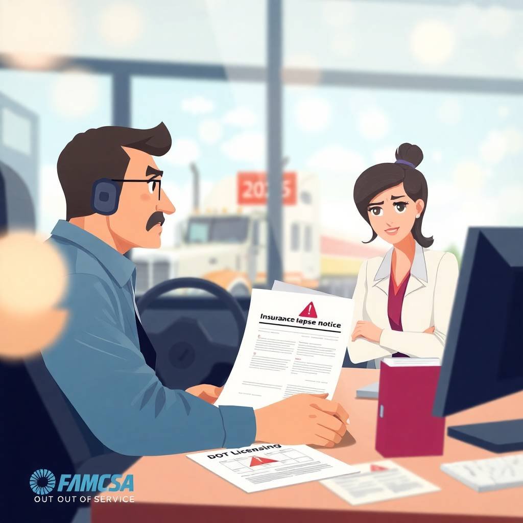 Eld Compliance: Worried truck driver holding insurance lapse notice while discussing DOT licensing and eld compliance with a compliance consultant in a modern trucking office