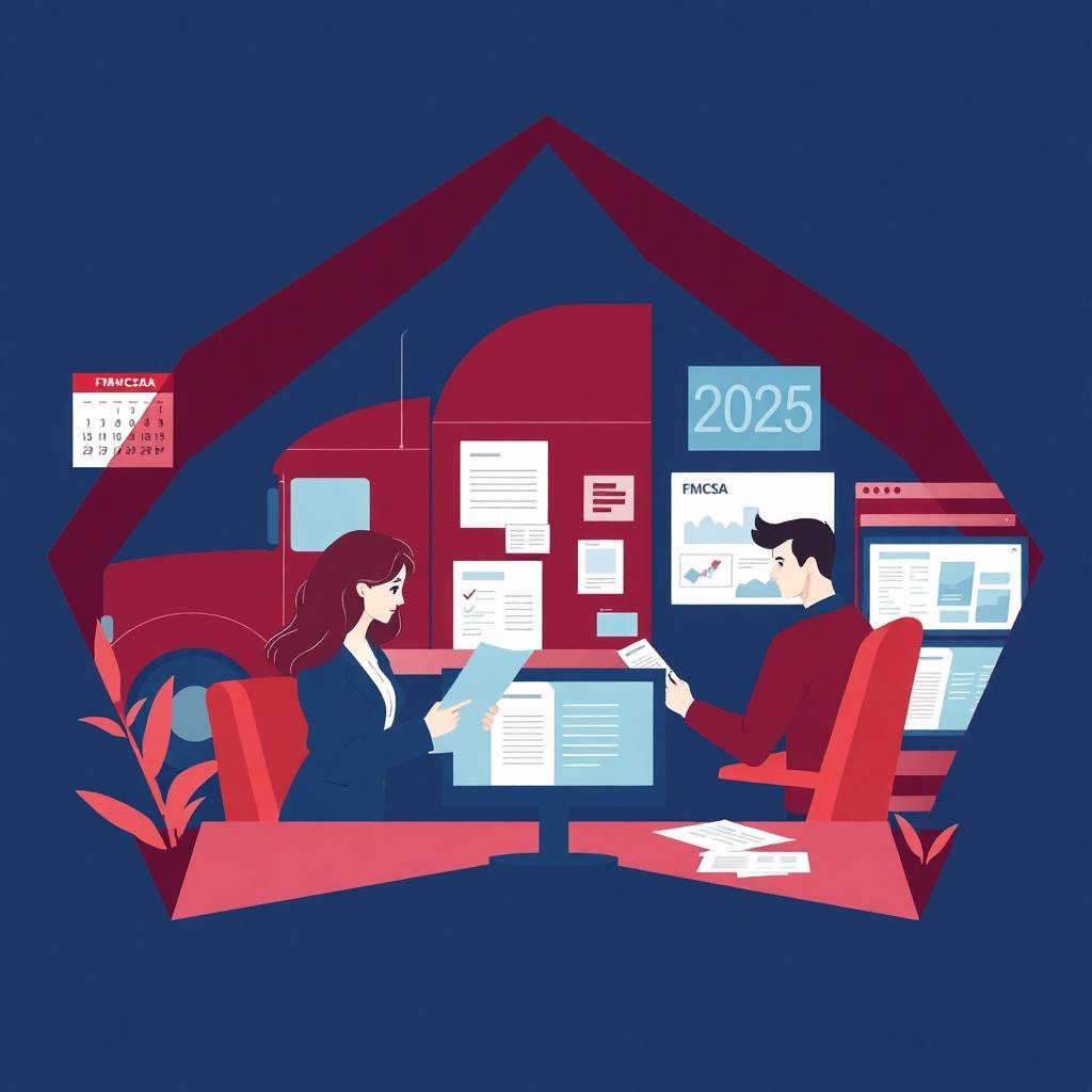 Flat-style digital illustration showing FMCSA compliance documentation management in a modern trucking office setup with a red semi-truck and staff at desks. DQ Files