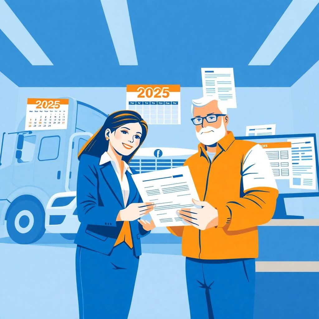 Businesswoman and truck driver reviewing FMCSA compliance management documents in a modern trucking office, with 2025 calendar and audit checklist visible.