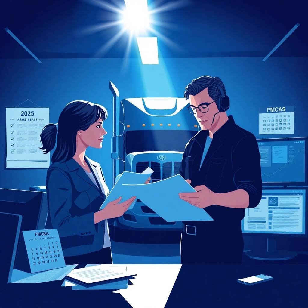 Trucking compliance officer and driver reviewing FMCSA compliance documents in a 2025 logistics office