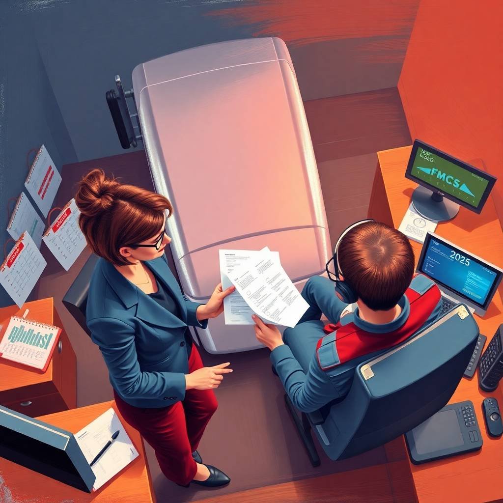 Overhead view of FMCSA compliance review in a trucking office with documents and digital tools, 2025