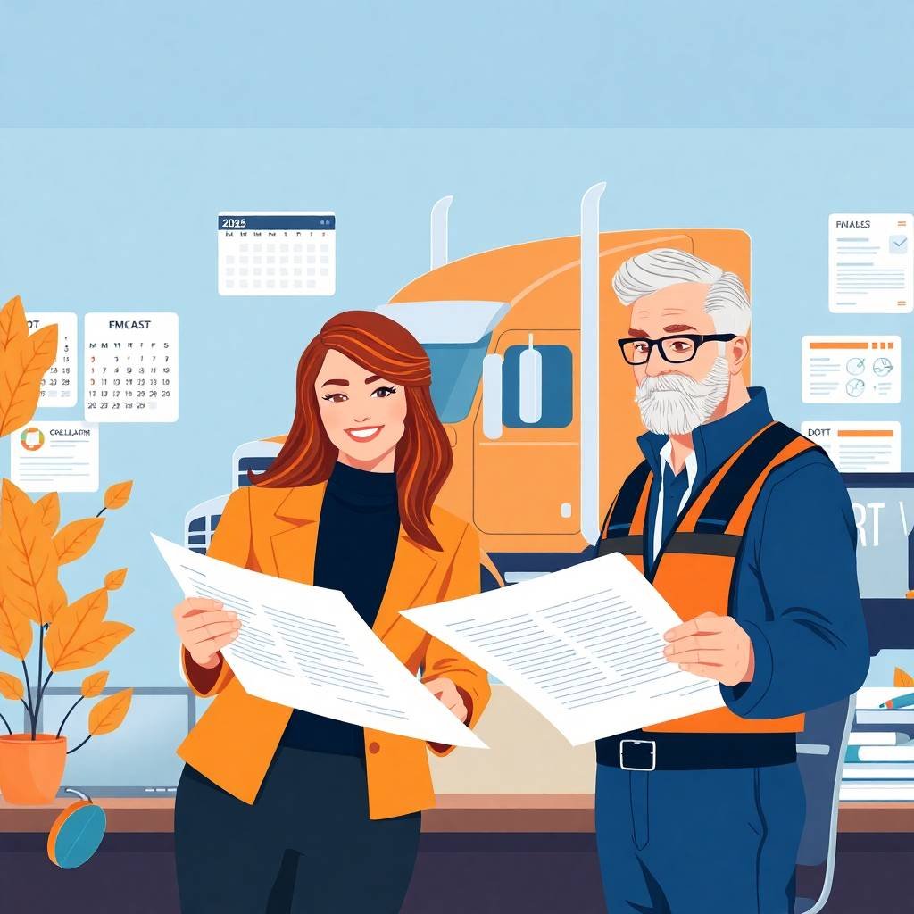 Businesswoman and truck driver reviewing FMCSA compliance documents in front of an orange semi-truck, 2025
