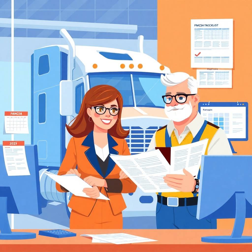 Businesswoman and truck driver reviewing FMCSA Rule Changes 2025 compliance documents inside a modern trucking office