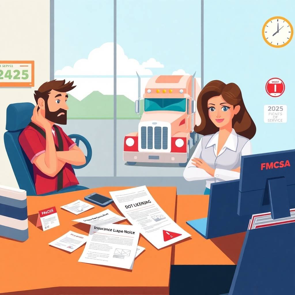 FMCSA violations illustration showing truck driver and consultant reviewing licensing and insurance issues