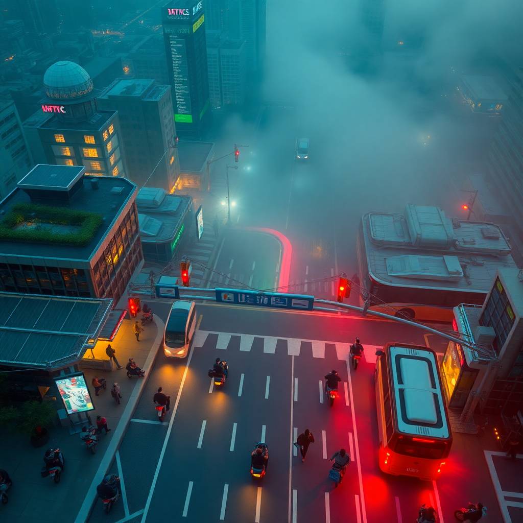 Cargo and Air-Freight Tech illustrated in a futuristic cityscape with smart traffic lights and micromobility vehicles.