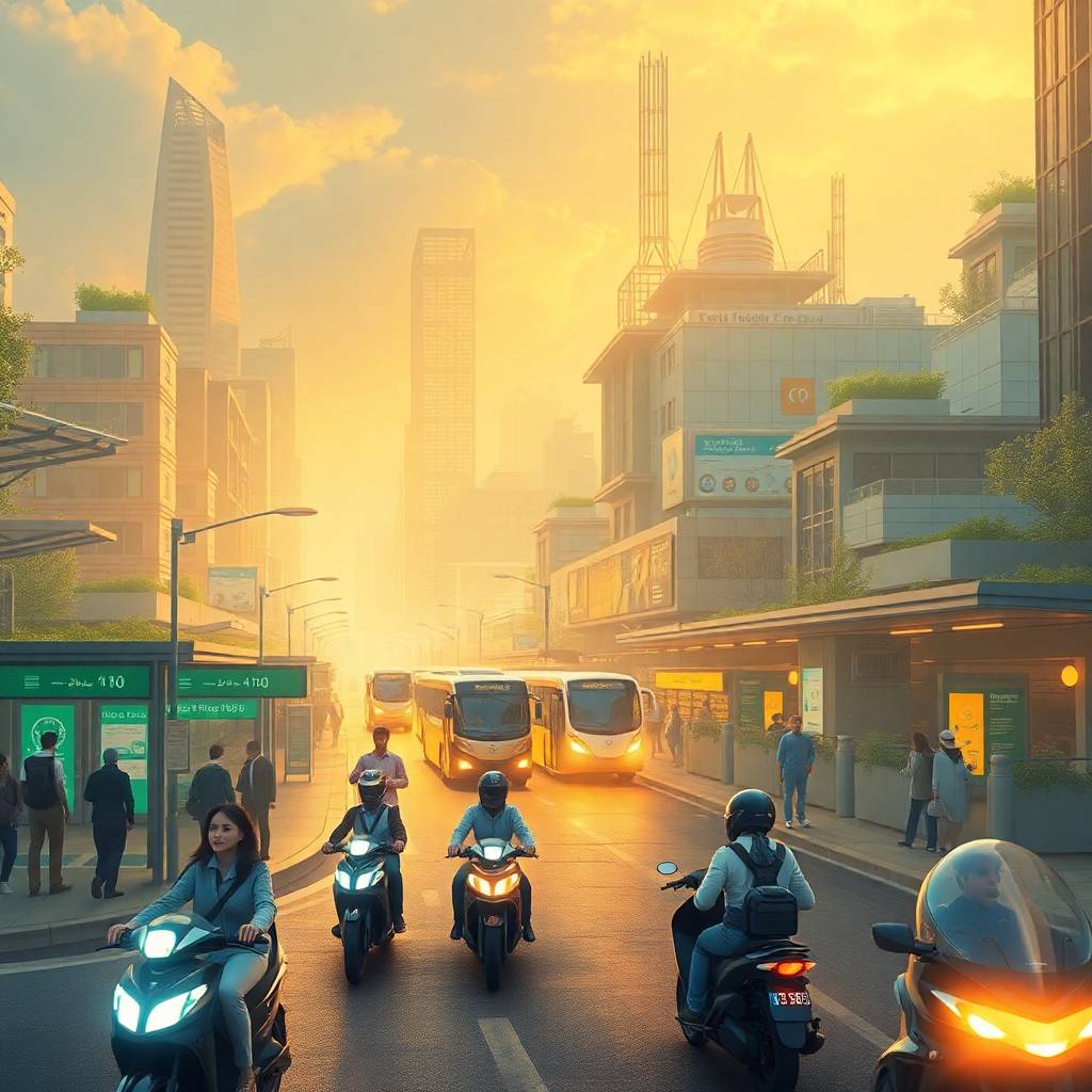 Cargo and Air-Freight Tech integrated with futuristic urban mobility featuring electric scooters and smart transit hubs.