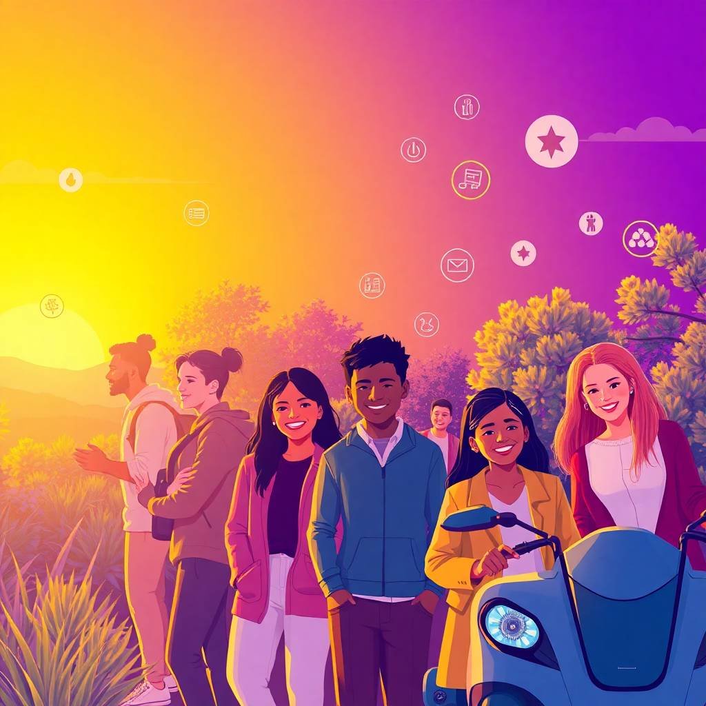 Diverse group of young people smiling and interacting with an electric vehicle during sunset, symbolizing the Electric Vehicles (EV) Boom in a futuristic, eco-conscious setting.