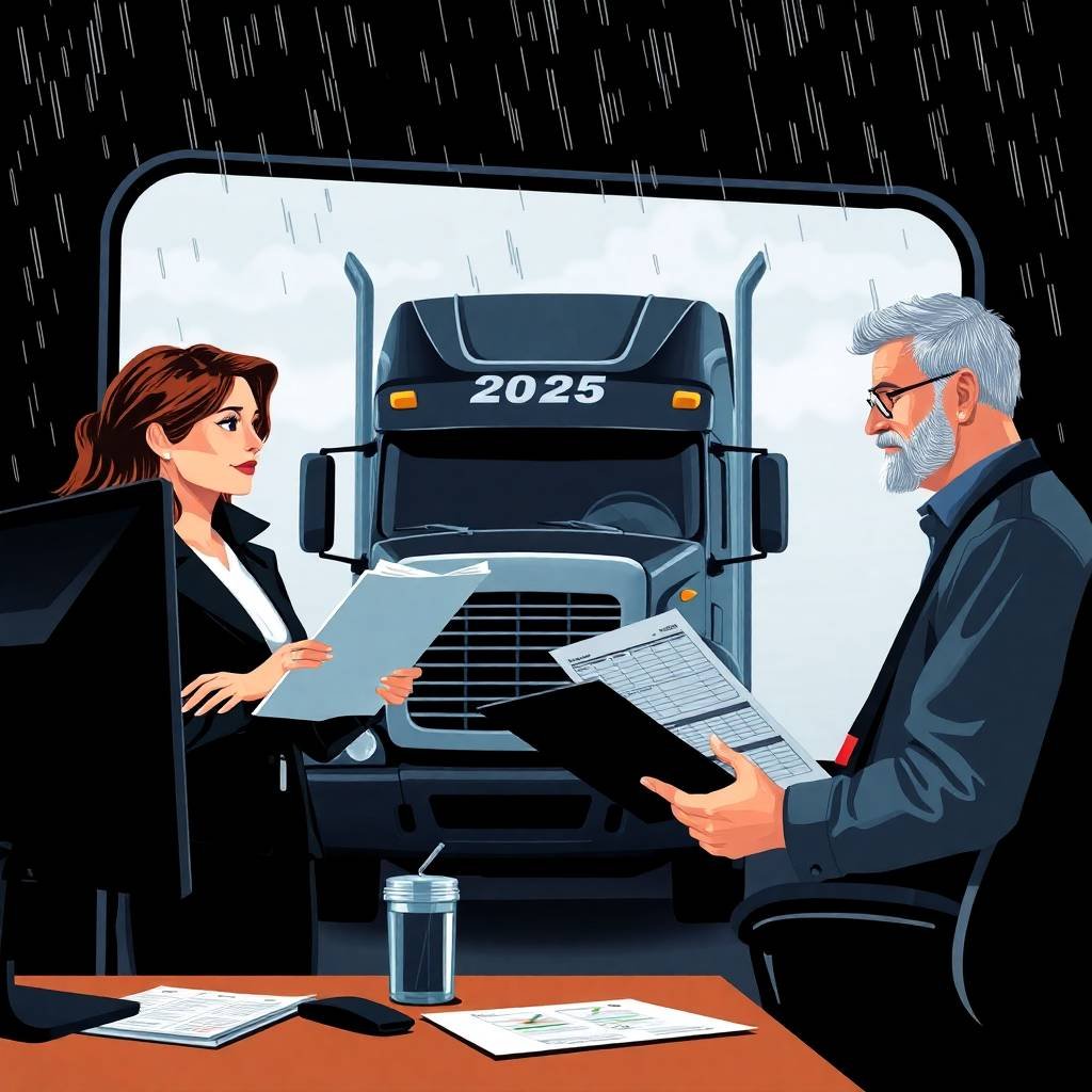 Business professionals reviewing H-2B visa trucking documents in an office, with a 2025 freight truck in the background during rainy weather