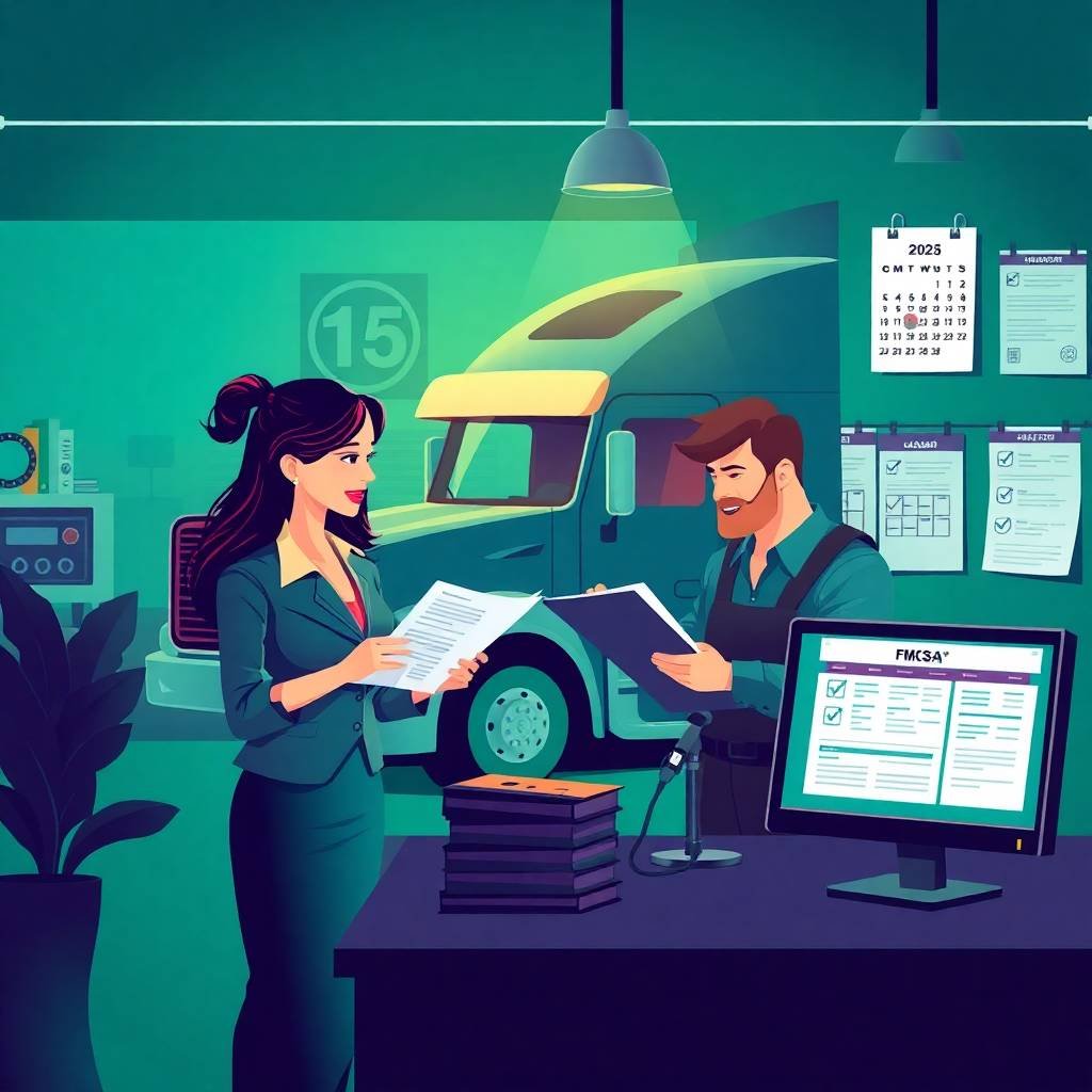 Trucking compliance professionals reviewing documents for Hours of Service and ELD Compliance 2025 inside a modern office with a semi-truck in the background.