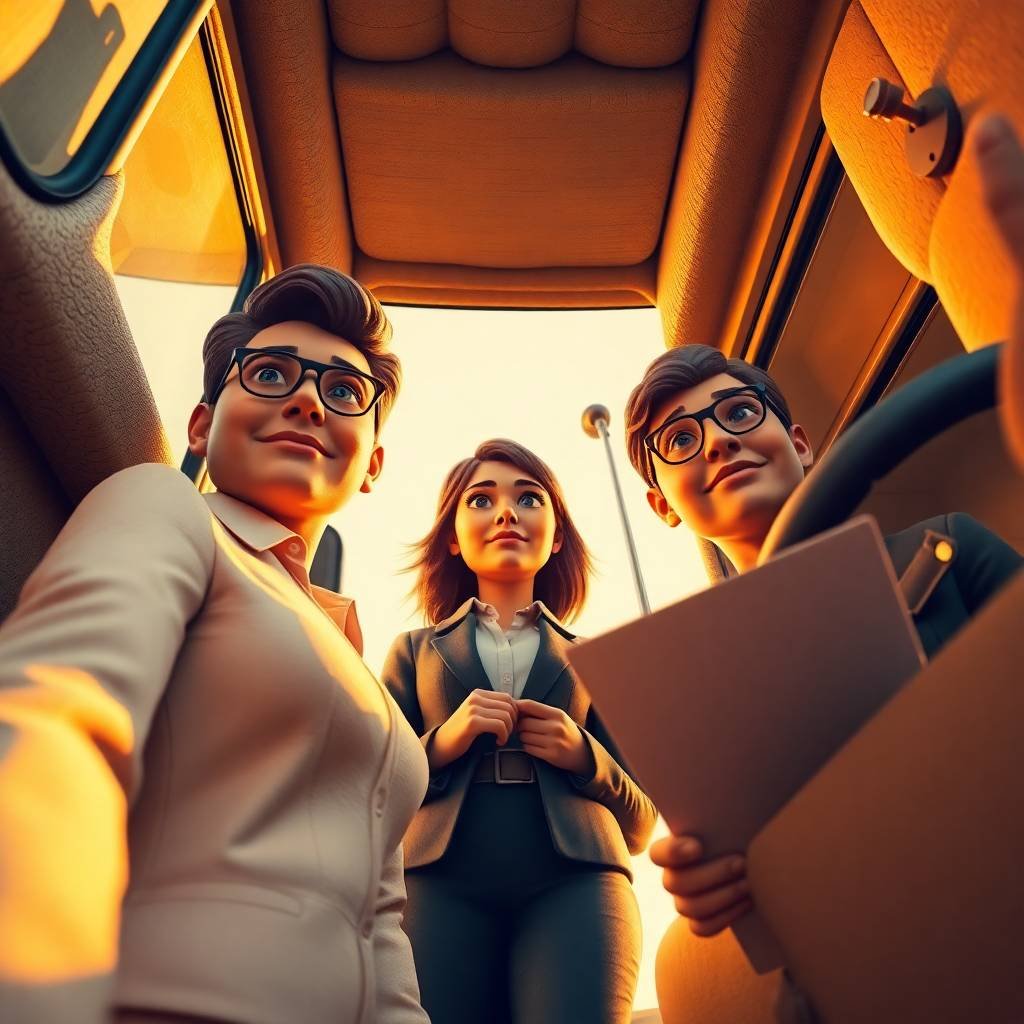 Confident trucking compliance team viewed from low angle inside vehicle. Get a DOT number today