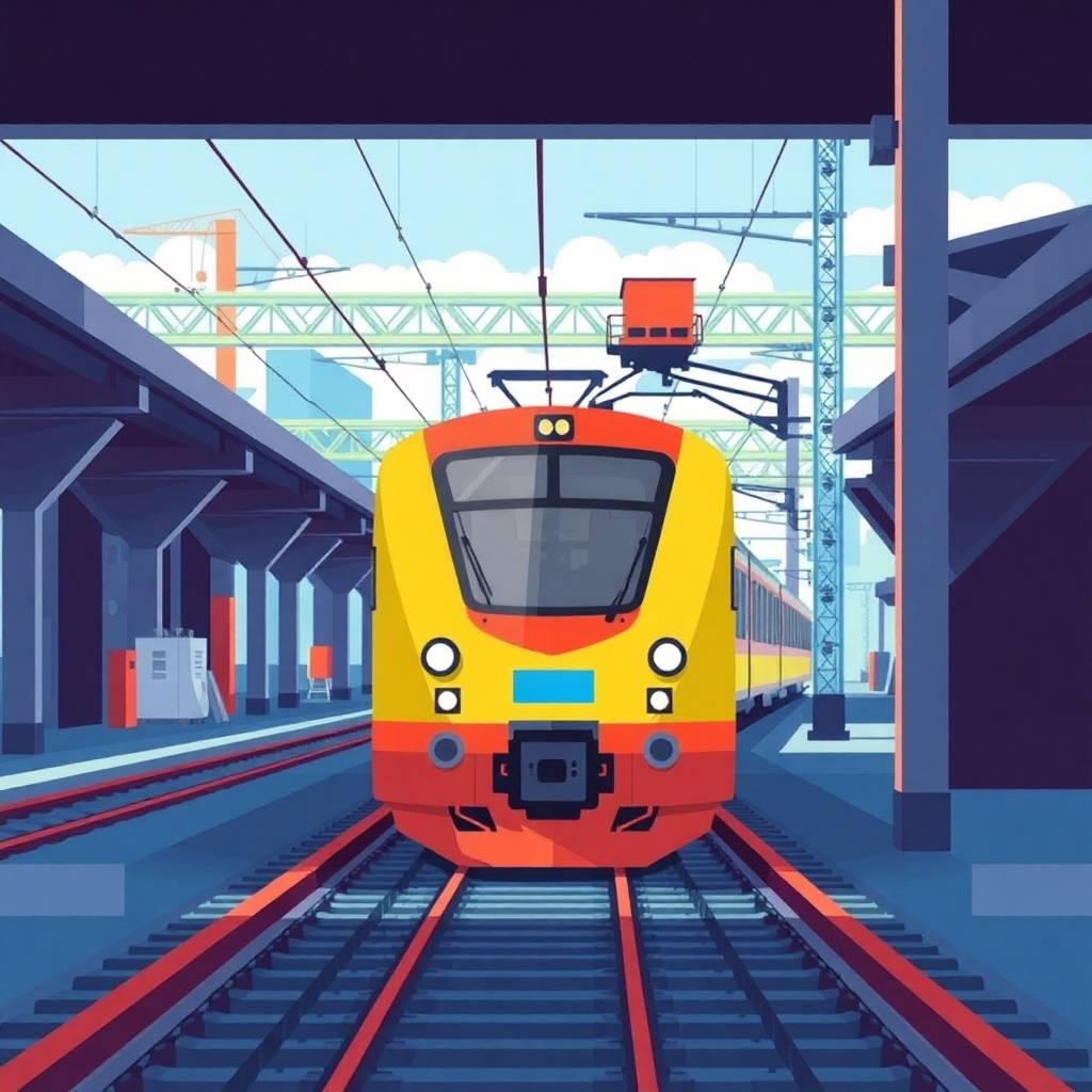 Cargo and Air-Freight Tech illustrated through a modern electric train arriving at a vibrant, high-tech railway station.