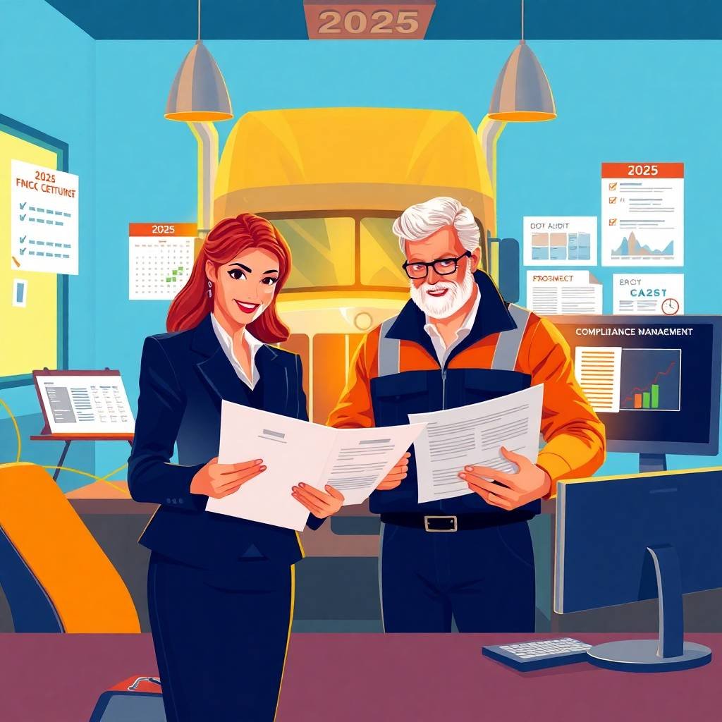 Trucking insurance premiums 2025 warning sign with businesswoman and truck driver reviewing compliance reports in a modern office