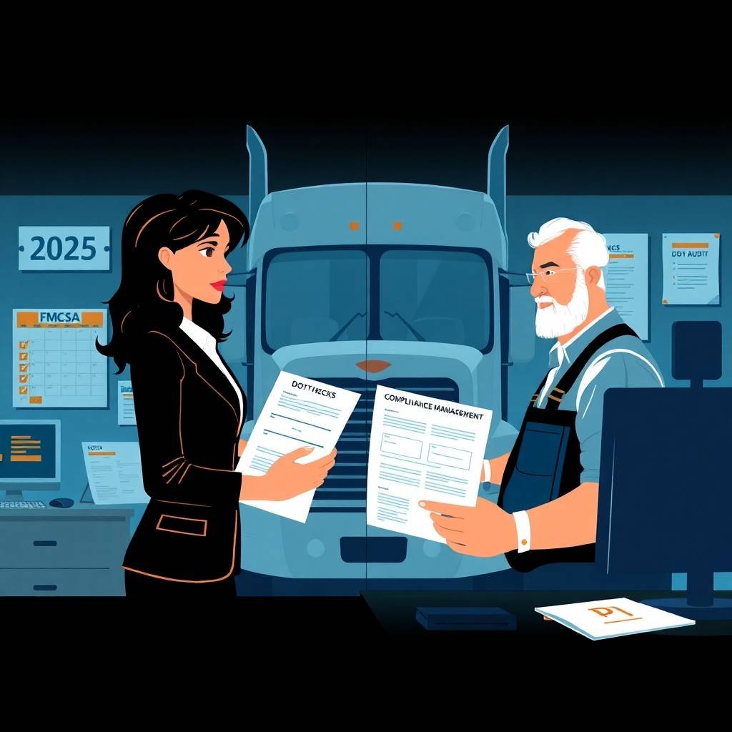 Businesswoman and truck driver discussing compliance management documents to reduce trucking insurance premiums 2025 in a modern office setting.