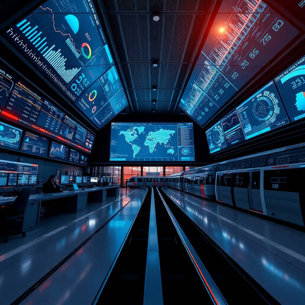 Cargo and Air-Freight Tech shown through a futuristic train control center with real-time analytics and digital dashboards.