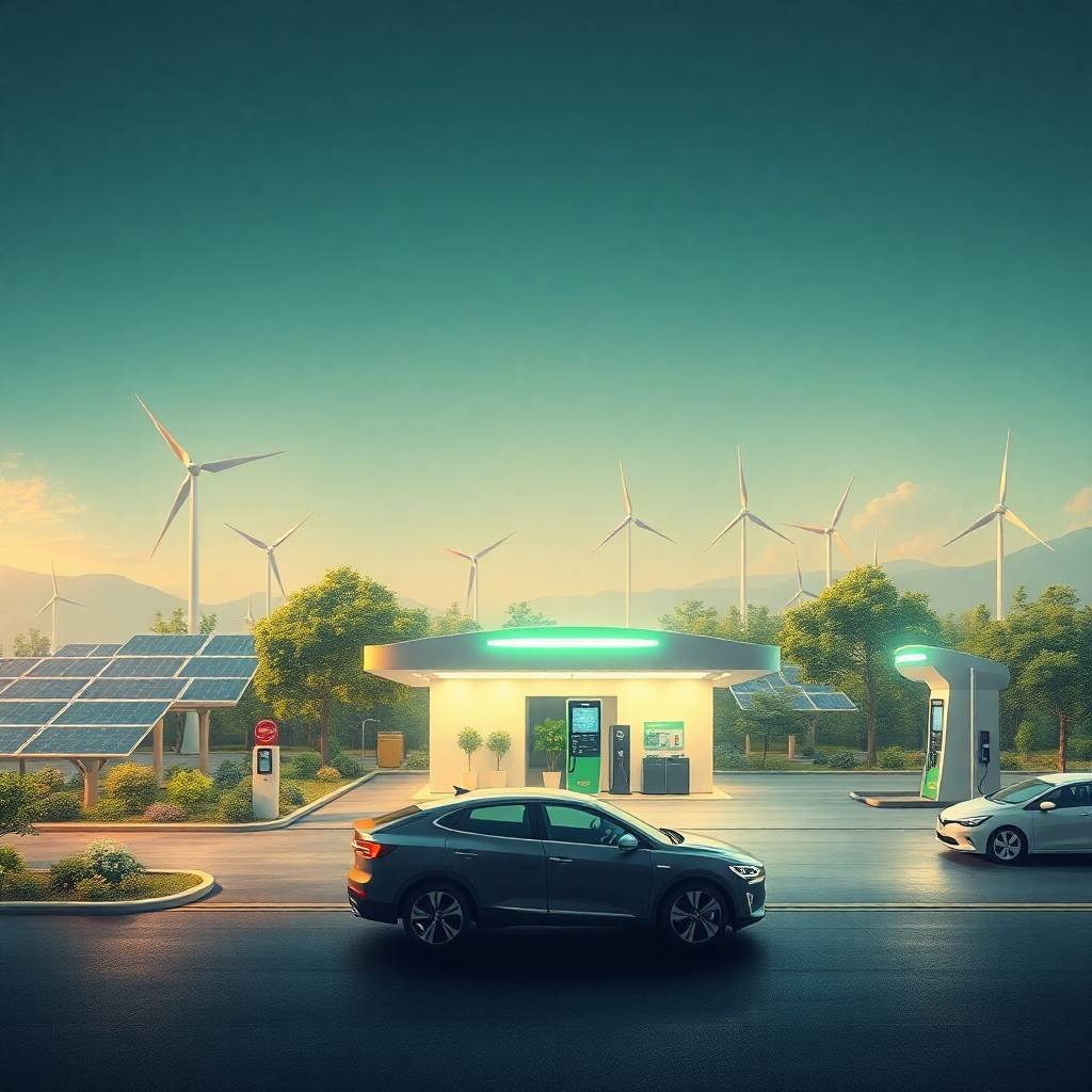 Futuristic fuel station at dusk with electric vehicles, wind turbines, and solar panels promoting Sustainability & Green Fuels.