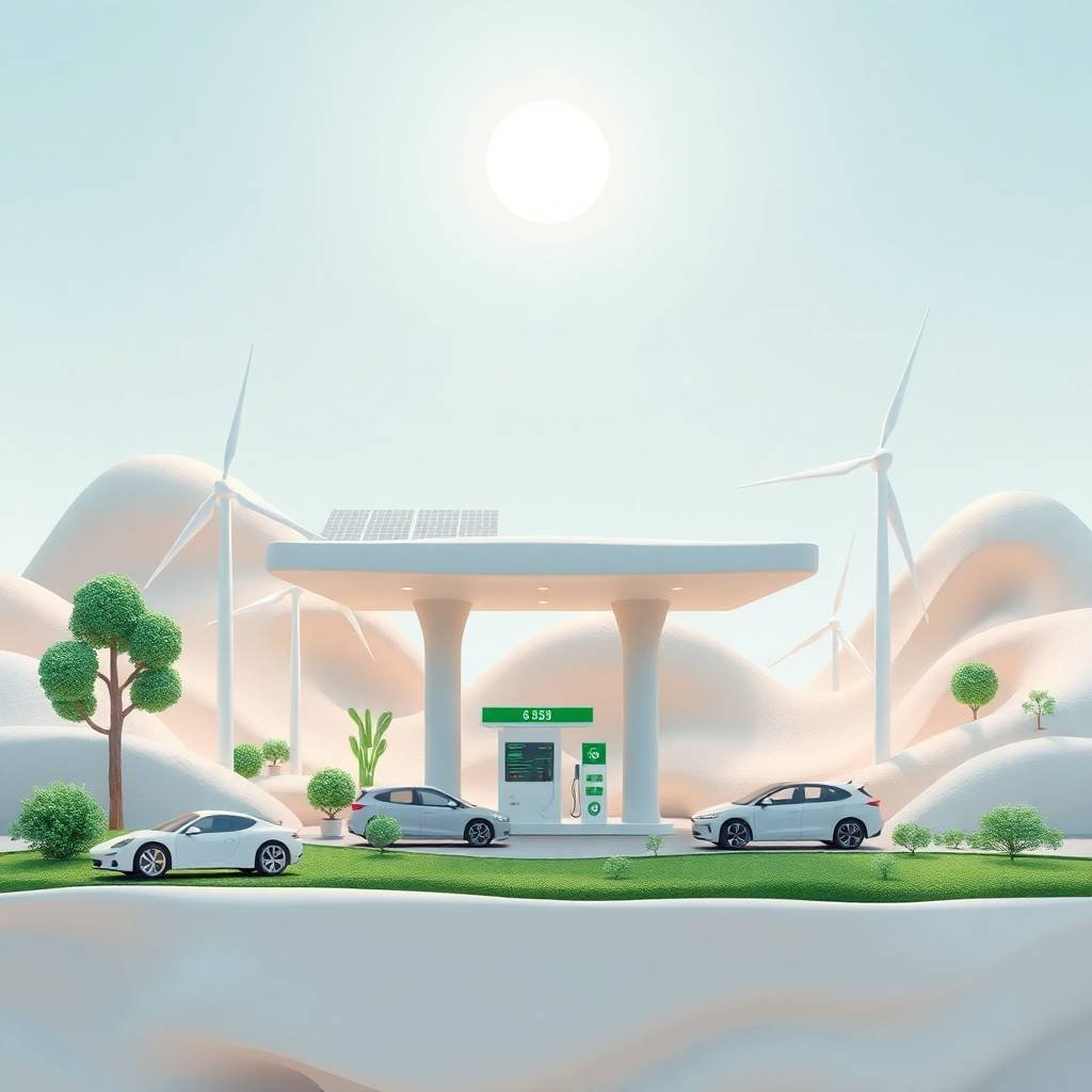 Futuristic green fuel station with electric vehicles, solar panels, and wind turbines representing Sustainability & Green Fuels in clean energy transition.