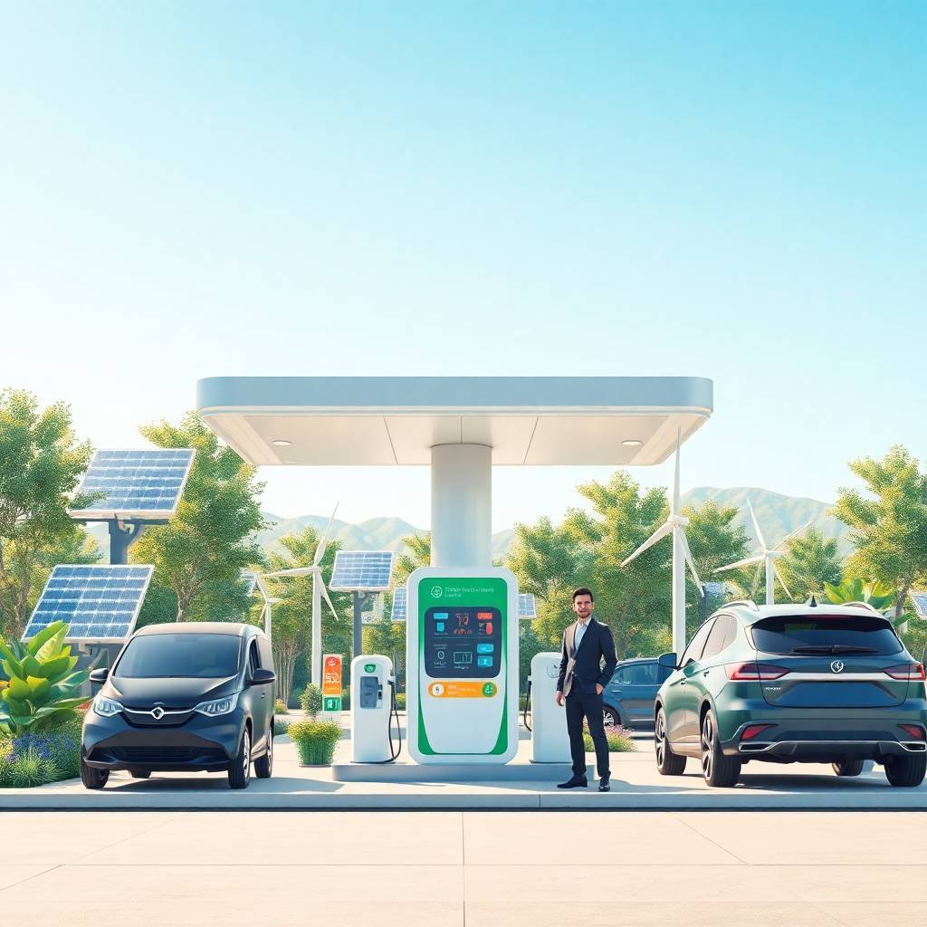Modern clean-energy fuel station with electric vehicles, solar panels, wind turbines, and a professional man, symbolizing Sustainability & Green Fuels.