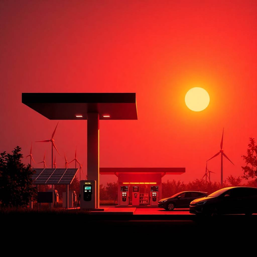 Sunset view of a modern fuel station with solar panels, wind turbines, and electric vehicles, symbolizing Sustainability & Green Fuels and clean energy transition.