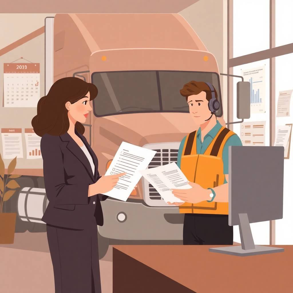 Businesswoman and truck driver reviewing compliance documents to lower Trucking Insurance Premiums in 2025