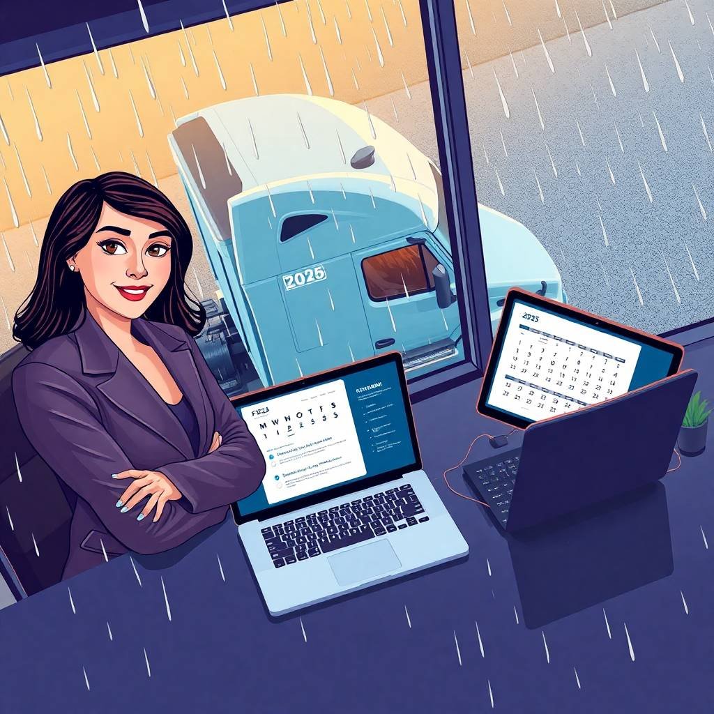 Confident compliance consultant reviewing transportation authority requirements with digital calendars open in front of a 2025 truck on a rainy day
