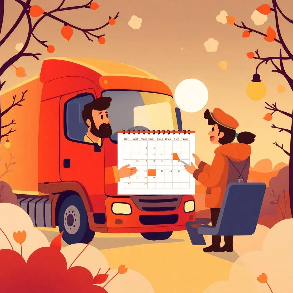 Truck driver coordinating an appointment using a calendar in front of a semi-truck, symbolizing FMCSA compliance resources scheduling.