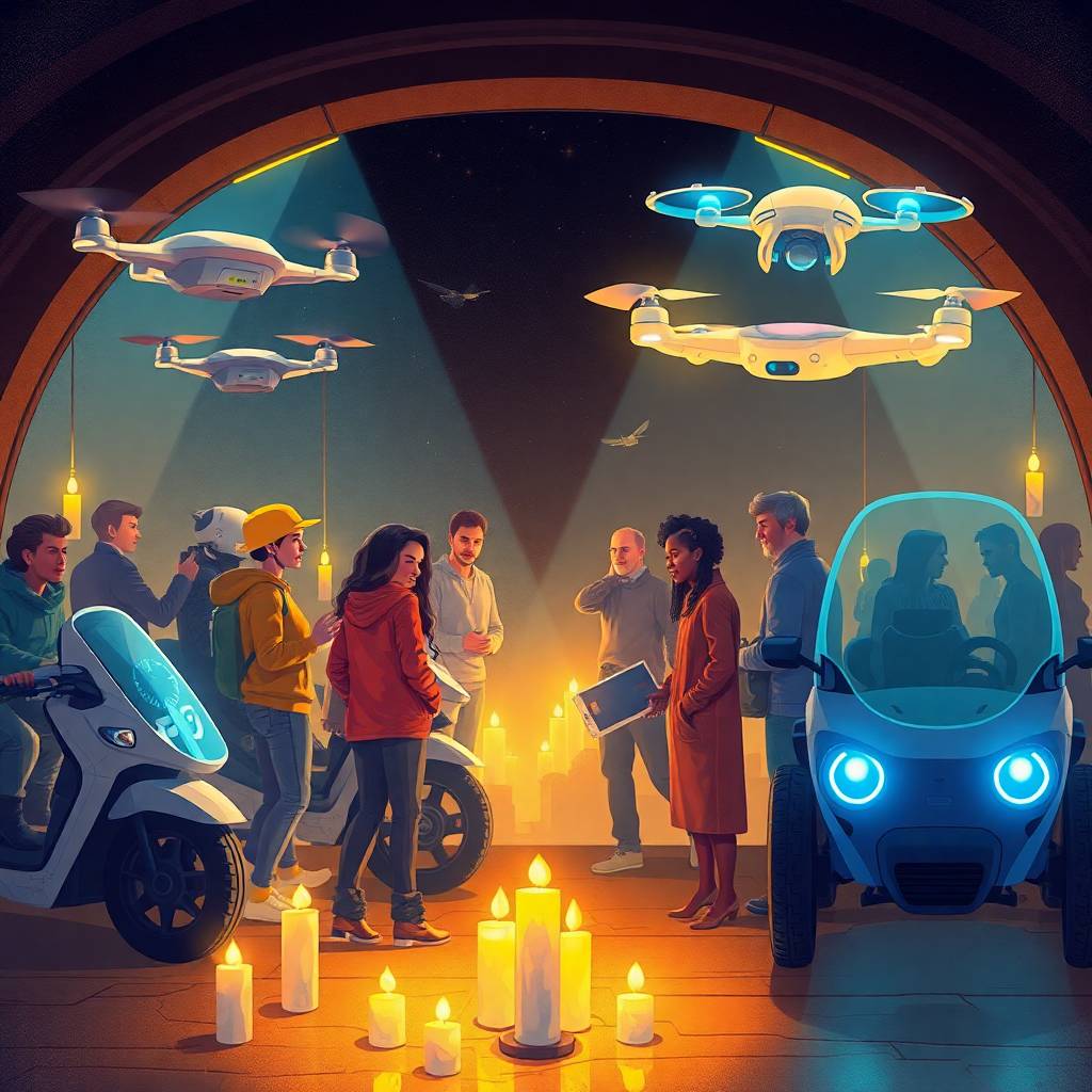Futuristic candlelit setting where diverse people discuss and interact with drones and smart vehicles, illustrating AI in Logistics & Supply Chains.