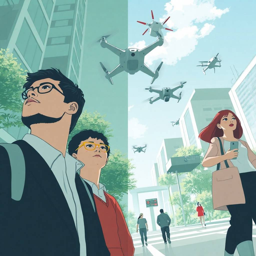 Low-angle view of people looking up at drones flying between futuristic buildings, symbolizing AI in Logistics & Supply Chains