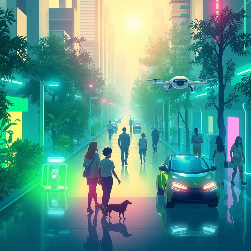 Futuristic dreamlike city with drones, autonomous shuttles, and people interacting with advanced systems, representing AI in Logistics & Supply Chains.