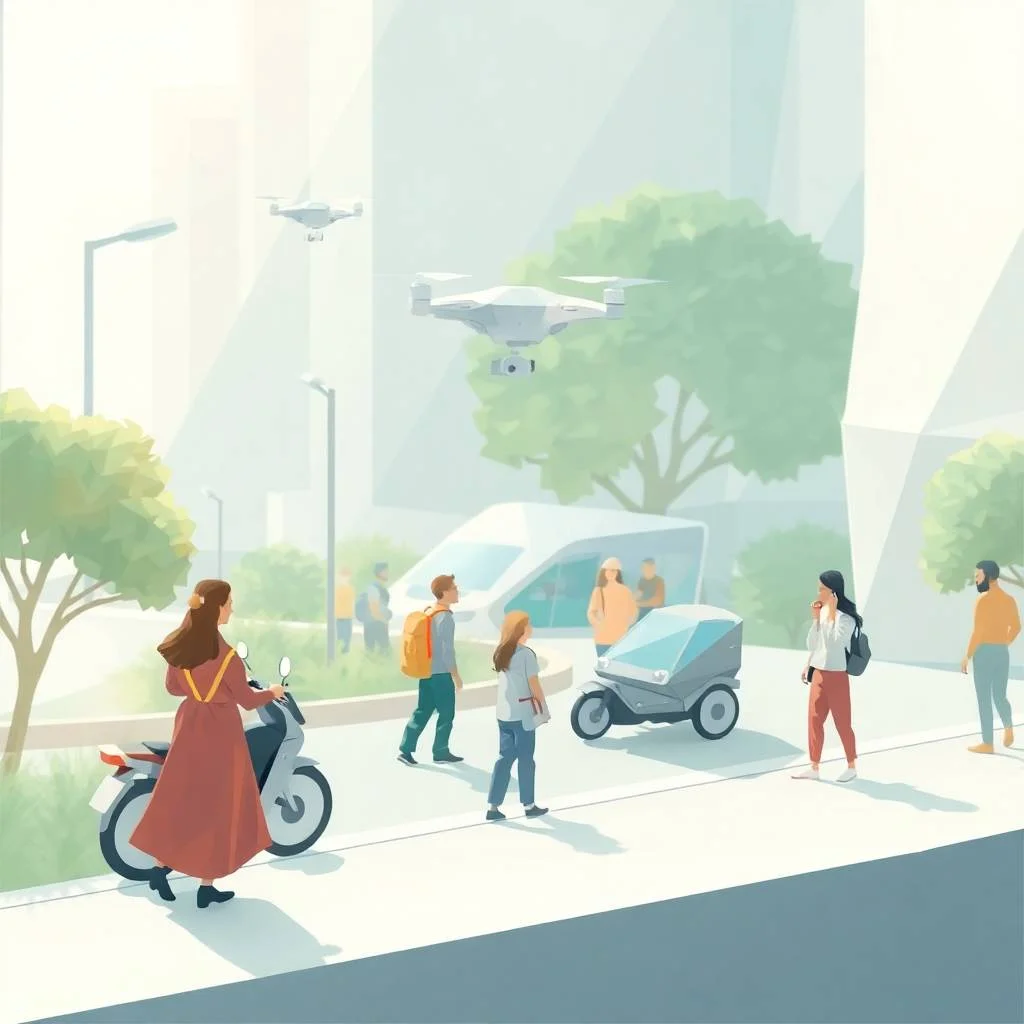 Futuristic cityscape featuring people interacting with drones, smart delivery vehicles, and autonomous systems, representing AI in Logistics & Supply Chains.