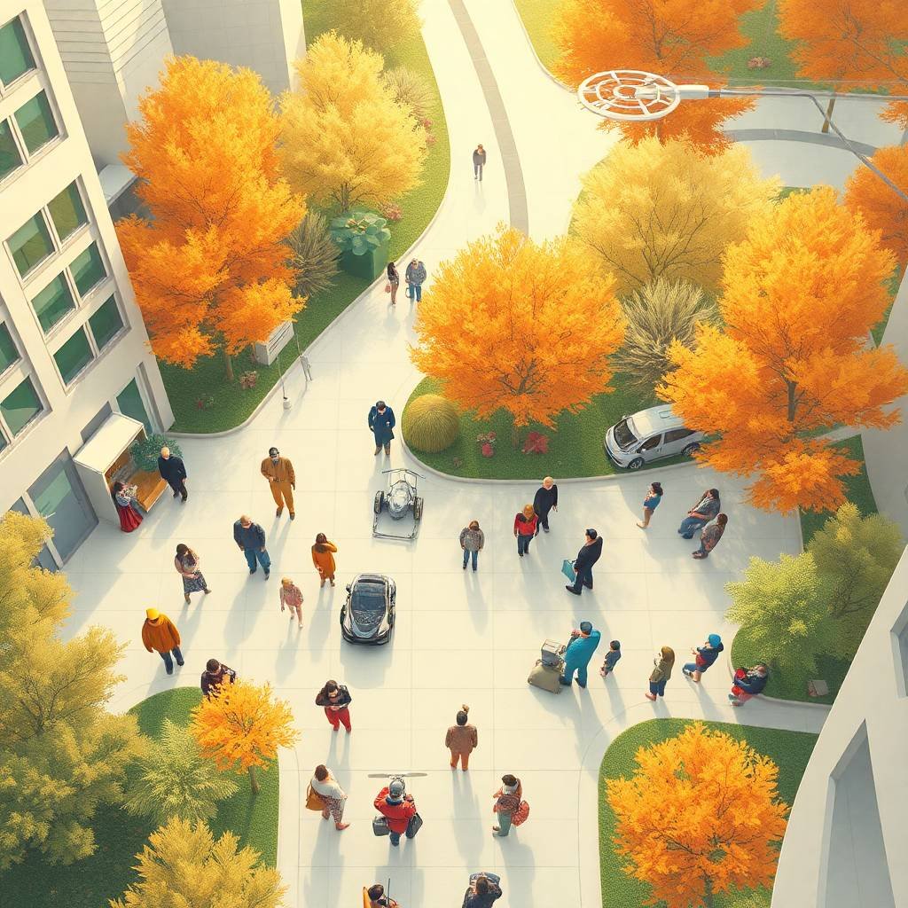 Top-down digital illustration of a futuristic city plaza during autumn, with diverse people engaging with self-driving vehicles and drones, representing Autonomous Freight & Mobility.