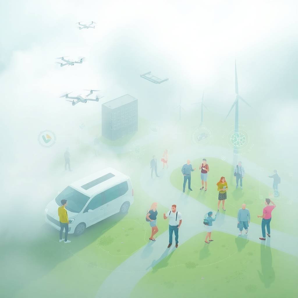 Futuristic landscape in heavy fog showing people, drones, wind turbines, and an autonomous vehicle, symbolizing Autonomous Freight & Mobility.