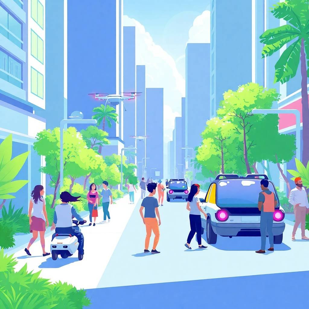 Futuristic smart city scene with people walking and interacting with drones and self-driving cars, illustrating Autonomous Freight & Mobility.