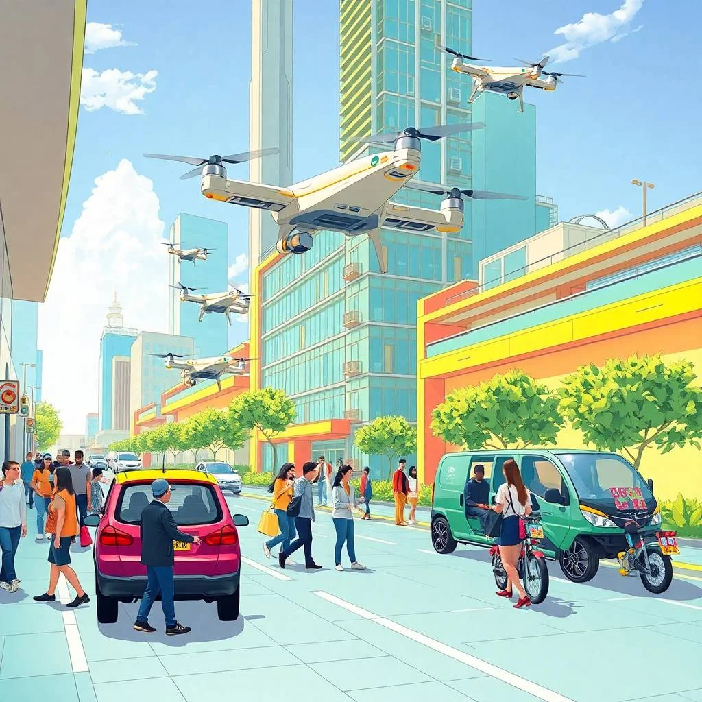 Futuristic city scene showing people interacting with drones and autonomous vehicles, representing autonomous freight & mobility.