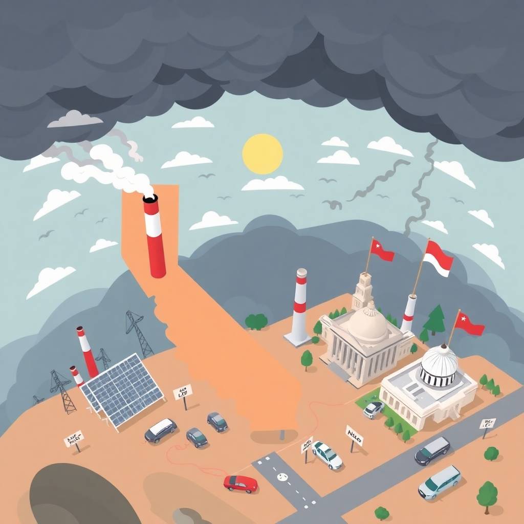 Flat-style bird’s eye view illustration depicting California Emissions Politics with smokestacks, solar panels, electric vehicles, and government buildings under dramatic skies