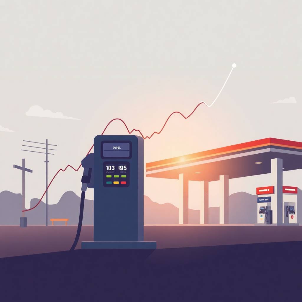 Flat-style illustration of fuel price swings representing California Emissions Politics with a dynamic graph and gas station background