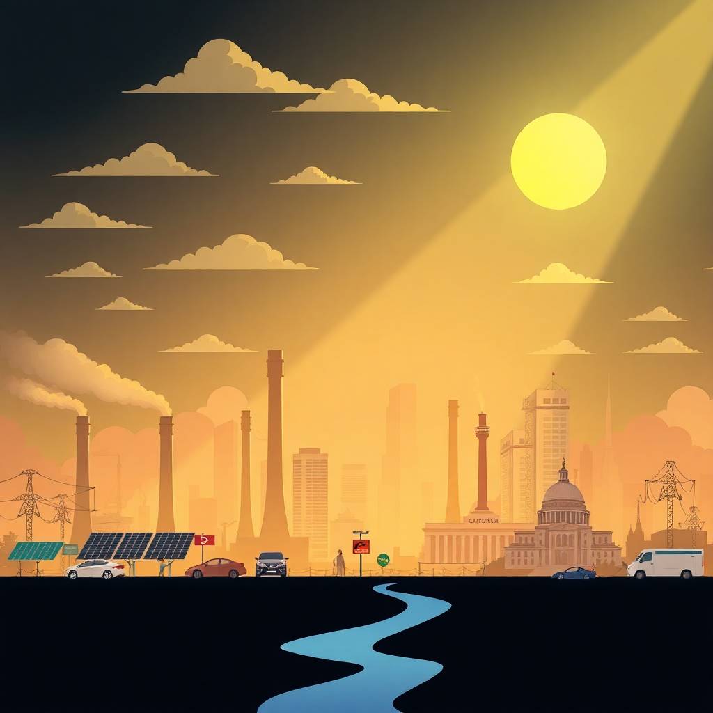 Flat-style digital illustration symbolizing California Emissions Politics with solar panels, smokestacks, and government buildings under dramatic lighting