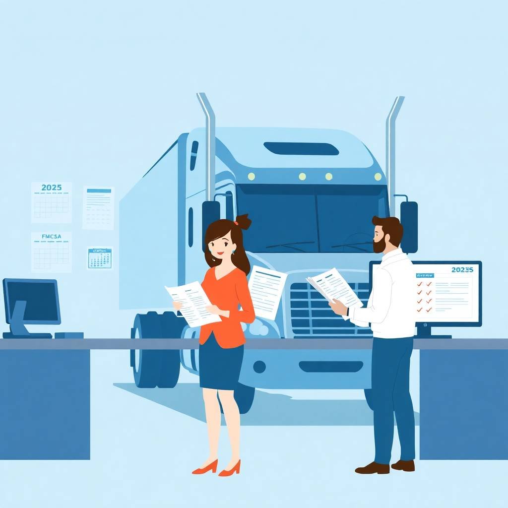 A female compliance officer and a truck driver reviewing documents in front of a 2025 FMCSA calendar and a semi-truck, illustrating English proficiency requirements for CDL drivers.